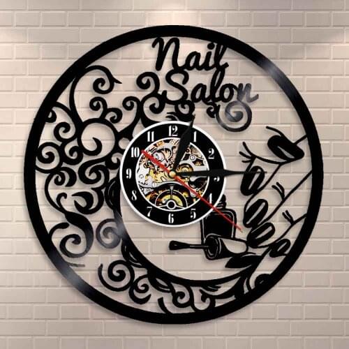 Beauty Salon Interior Design Vinyl Record Clock Salon Business Wall Sign Nail Salon Wall Art Polish Bar Wall Decor Wall Clock