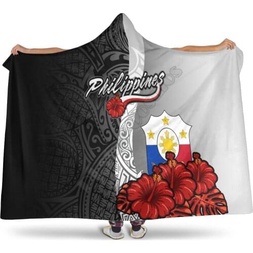 Philippines Polynesian Hooded Blanket Coat Of Arm With Hibiscus White 3D printed Wearable Blanket Adults Kids Hooded Blanket