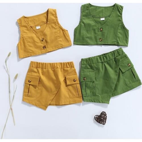 FOCUSNORM Summer Fashion Girls Clothes Sets 1-6Y Solid Sleeveless Single Breasted V Neck Tops Mini Skirts 2pcs