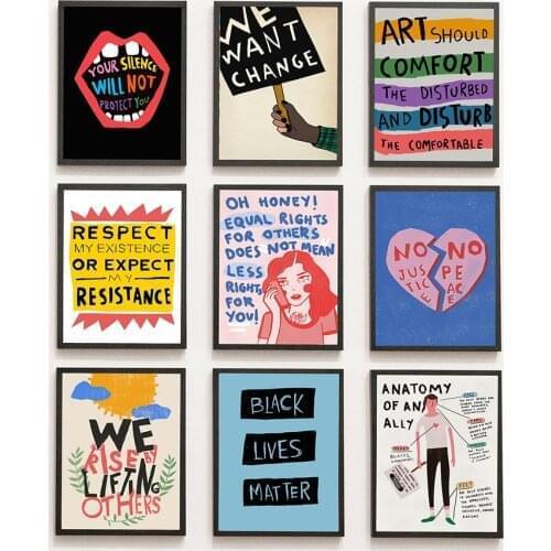 Black Lives Matter Art Prints BLM Protest Posters Motivational Slogan Wall Art Canvas Painting Anti Racism Sign Pictures Decor
