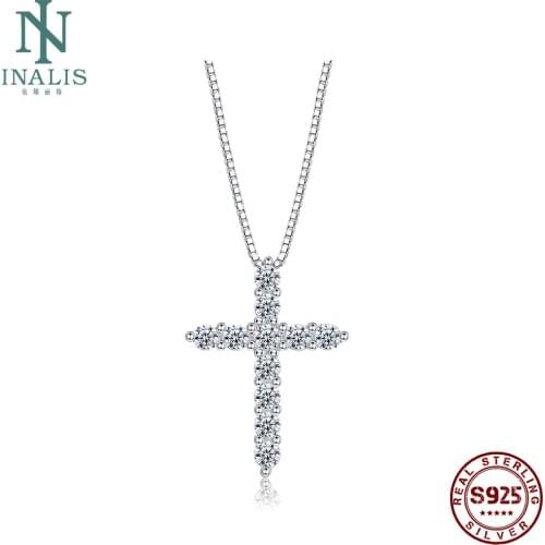 INALIS 925 Sterling Silver Pendant Necklaces For Women Classic Cross Full Shine Cubic Zirconia Necklace Anniversary Fine Jewelry