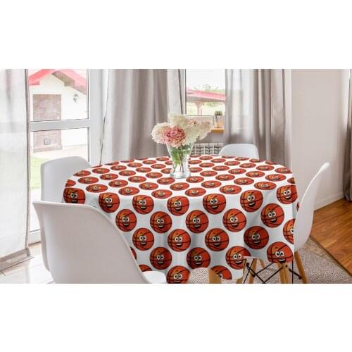 Basketball Round Tablecloth Happy Smiling Orange Balls Cartoon Circle Table Cloth Cover for Dining Room Kitchen Decor & Party
