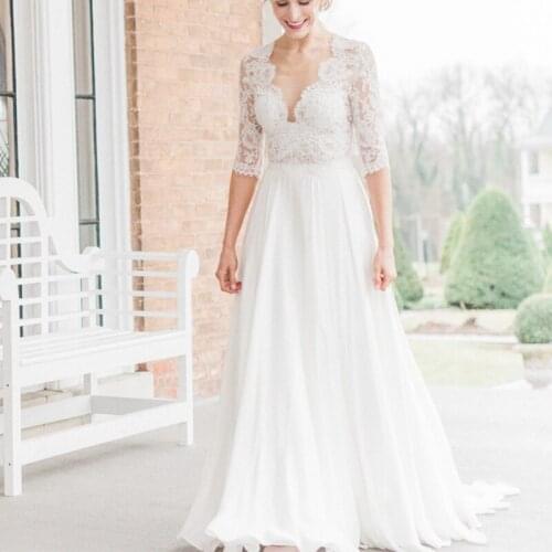 Scalloped Lace V Neck Wedding Dress Elegant Cheap Half Sleeves A Line Long Boho Soft Bridal Engagement Dress Free Shipping 1040