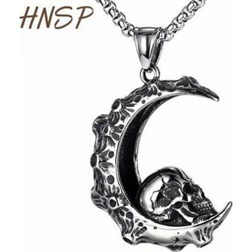 HNSP Gothic Skull Head Moon Necklace Pendant For Men Punk Jewelry With 3.0MM Stainless Steel Chain Halloween Gift