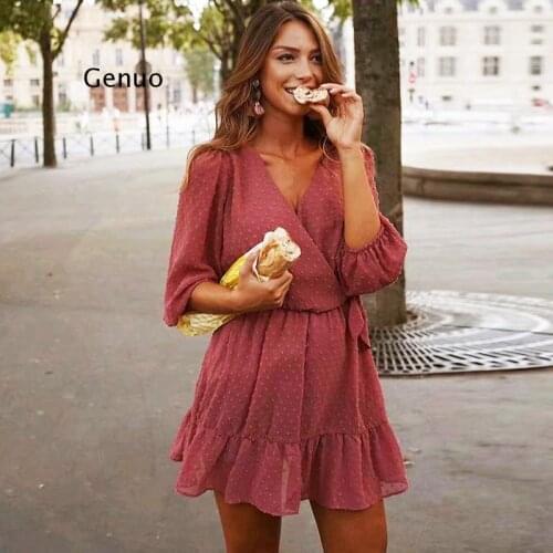 Summer Women Ruffles Lace Chiffon Dress Boho Mini Beach Dress Three Quarter Sleeve Ladies Party Dresses Vestido
