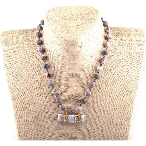 Fashion Bohemian Tribal Jewelry Semi Precious Stones Rosary Chain Stone Rectangle Druzy Pendant Necklace Women Ethnic Necklace