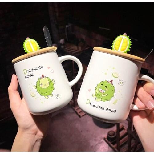 2020 New Creative Durian Shape Ceramic Cup Fashion With Cover And Spoon Coffee Milk Mug Water Glass