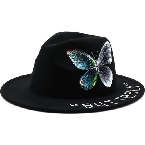 New Hand Painted Women Men Wool Fedora Hat Gentleman Elegant Lady Winter Autumn Wide Brim Jazz Church Panama Sombrero Cap