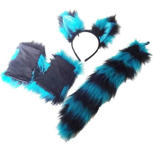 Cosplay Furry Animal Wolf Ears Hair Hoop Gloves Tail Set Lolita Costume Long Fur Costume for Halloween Party Decoration