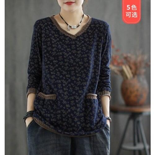 Autumn Shirt Women Cotton And Linen Blusa 2020 New Style Retro Floral V-neck Long Sleeve T-shirt Loose Pullovers Casual Top y050