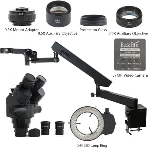 Articulating Arm Pillar Clamp Stand Simul Focal 3.5X-90X Industrial Trinocular Stereo Microscope 37MP 1080P HDMI USB Camera