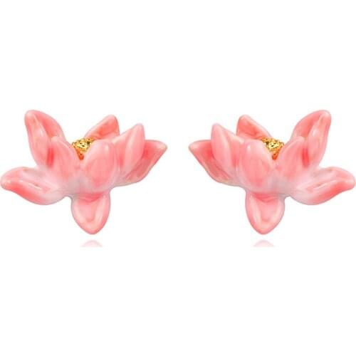 Romantic Sweet Pink Flower Earring For Women Simple Cute Enamel Glaze Chinese Lotus Stud Ear Jewelry Good Gift Lady Accessories