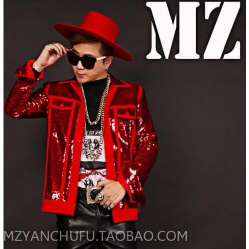 S-5xl Men Jacket Coats Singer Dj Red Sequined Stitching Jackets Nightclub Stage Costumes Clothes 2021 New