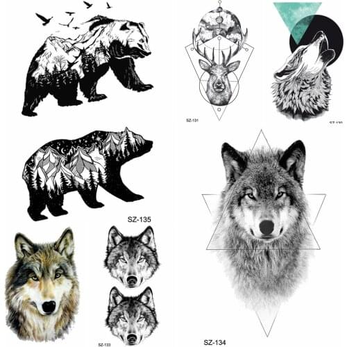 YURAN Geometric Wolf Temporary Tattoo Stickers Women Birds Bear Water Transfer Tatoos Men Arm Hands Fake Tattoo Makeup Tips
