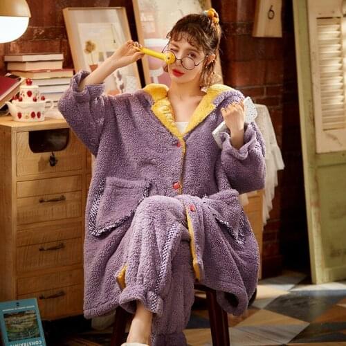 Woman Sleepwear New Winter Velvet Thickened Pajama Flannel Hooded Coral Cartoon Home Suit Length To Keep Warm Extended LONG