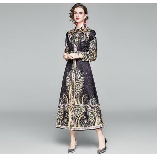 Womens Palace Style Vintage Autumn Dresses for Women 2021 Floral Print Long Sleeve Sashes Turn-down Collar Long Shirt Dresses
