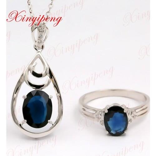 Xin yi peng 18 k white Gold inlaid natural sapphire necklace jewelry suit two-piece women