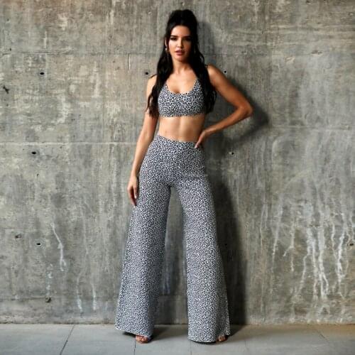 2020 Newest Black and White Leopard print Sexy Top and Long Pants Bandage Two Pieces Sets Women Fashion Party Set