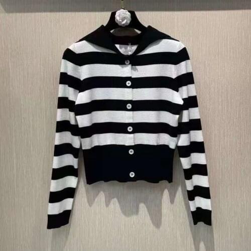 Newest Fashion Cardigan Jackets 2021 Autumn Ladies Black White Striped Patterns Knitting Long Sleeve Casual Sweater Cadigans