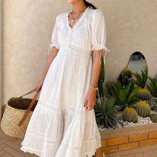Embroidrey Hollow Out Midi Dress Women Summer V-neck Puff Sleeve Lace Patchwork Long Dresses Female Casual Vintage Beach Vestido