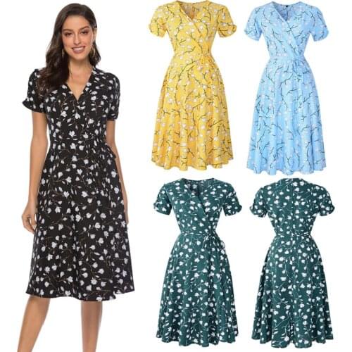 Women Bohemia Dress Summer платье Vintage Fit and Flare V Neck Holiday Waist Floral Print Dress Ladies Short Sleeve Party Dress
