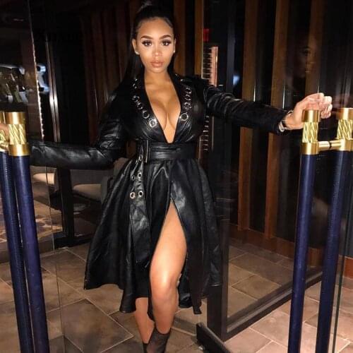 Pu Leather Deep V Neck Long Jacket Dress New Spring Women Metal Ring Loose Belt Faux Leather Windbreaker Trench Coat Slim Spring