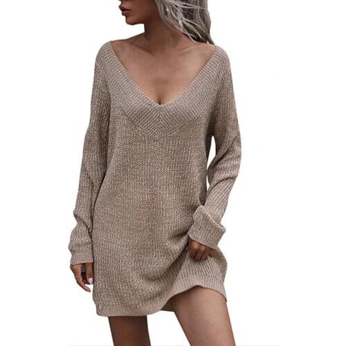 Office Lady Dress 2021 Solid Color V Neck Autumn Winter Long Sleeve Above Knee Length Knitted Dress for Wedding