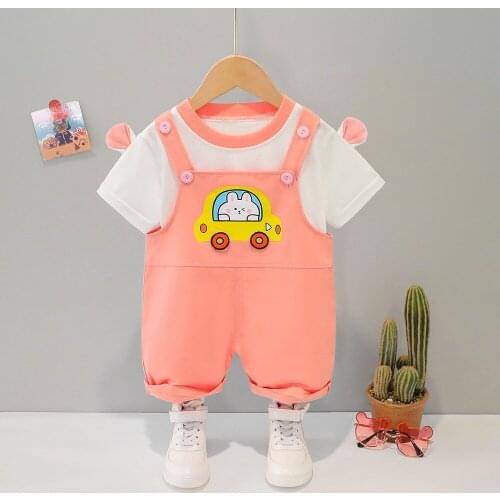2021 Summer Short-Sleeved Suit Baby Boys Girls O-Neck T-Shirt+Cartoon Overalls 2 Pcs Sets Cute Childrens Clothing Kids Outfits