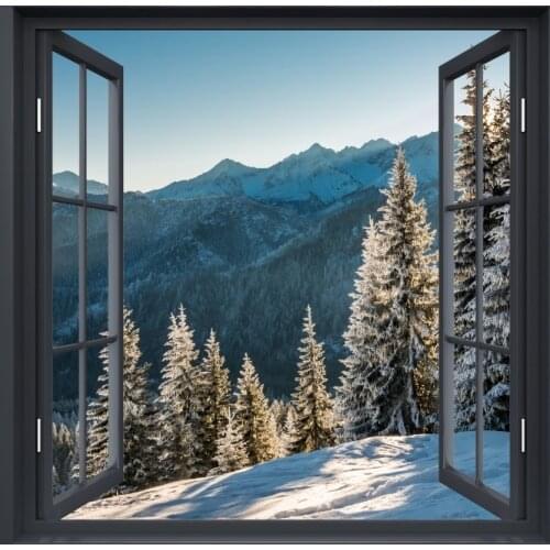 3D Hot Winter Forest DIY Window Frame Mural Vinyl Bedroom Wallpaper Wall Decals Stickers Christmas Wall Sticker