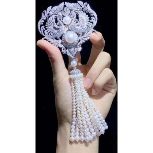 White Pearl gold plated CZ micro pave Double phoenix charm pearl tassels Brooch