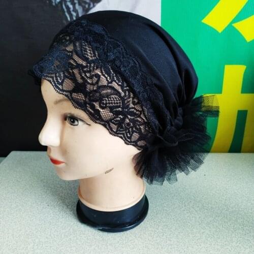 Black Lace Under Scarf Cap Big Flower Hijab Volumizer Scrunchie Stretchy Inner Hijabs Muslim Headscarf Bonnets Turbante Mujer
