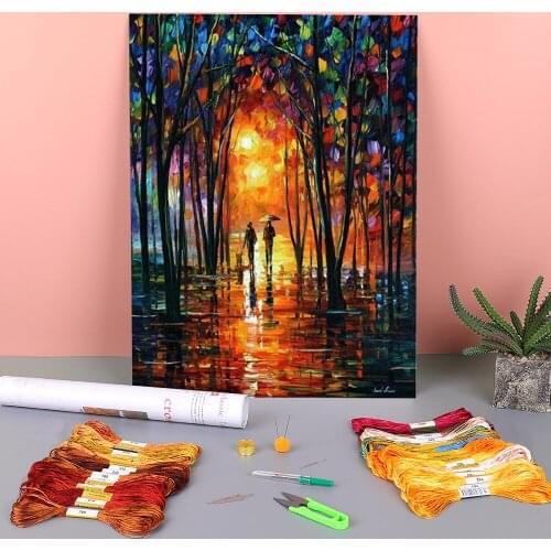 Oil Painting Style Dark Park Printed Fabric 11CT Cross-Stitch DIY Embroidery Full Kit DMC Threads Sewing Painting Needle