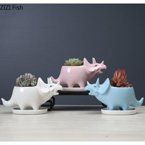 Ceramic Flowerpot Succulent Creative Simple Potted Cartoon Cute Animal Little Dinosaur with Tray Flowerpot Vase Home Decoration