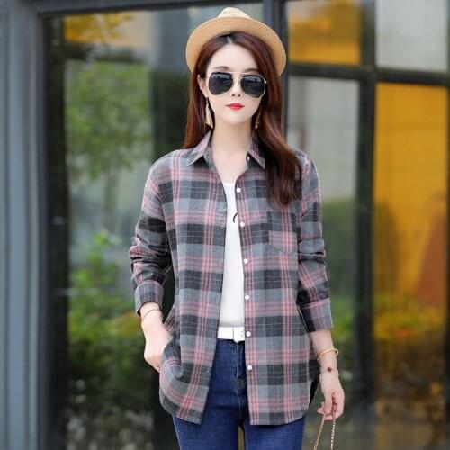 Long Sleeve Checkered Shirt Turn-down Collar Button Cardigan Loose Plaid Womens Chic Blouse Korean Fashion Clothing for Womens