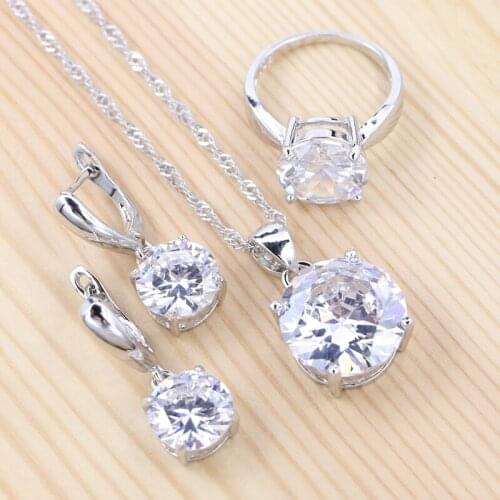 Luxury Cubic Zirconia 925 Sterling Silver Classic Jewelry Sets For Women Earrings Pendant Necklace Ring Set Free Gift Box