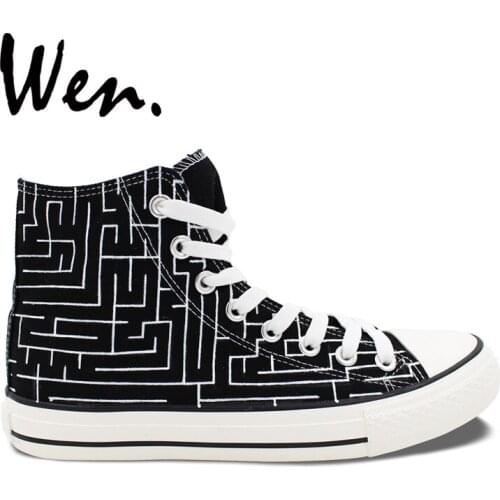 Wen Original Design Labyrinth Maze Style Custom Shoes Hand Painted High Top Canvas Black Sneakers Gifts for Women Men