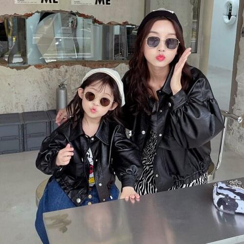 Family Matching Outfits Faux Leather Jacket Ladies PU Slim Black Zipper Biker Coat Mom and Me Outwear Coats Leather Jacket Women