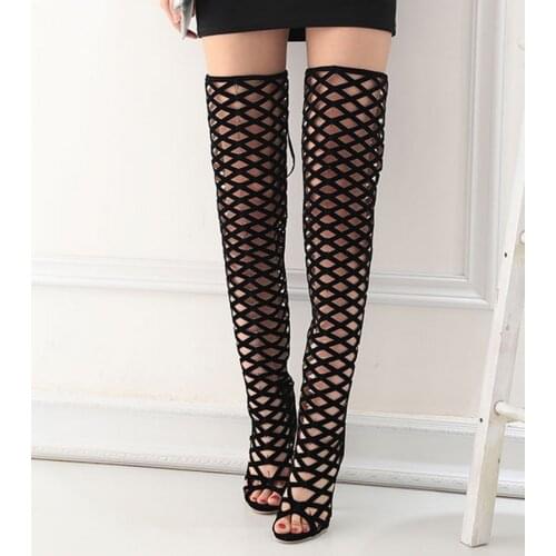 Summer Women Thigh High Gladiator Boots High Thin Spike Heel Open Toe Cutout Red Flock Lace Zipper Lady Sexy Over The Knee Boots
