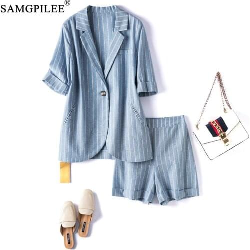 Summer Two Piece Sets For Women 2021 New Cotton Linen Striped Elastic Waist Shorts And Single Button Blazer Plus Size Woman Suit