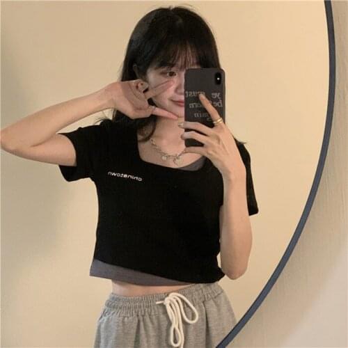 Summer slim slimming fake two pieces of contrast color short letter print T-shirt short-sleeved top women
