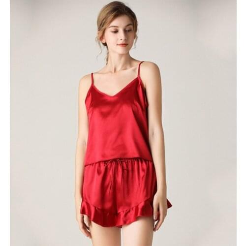 Summer Ladies Imitation Silk Pajamas V-neck Suspender Shorts Two-piece Pajamas Fashion Home Service Sexy Lingerie Sleep Tops