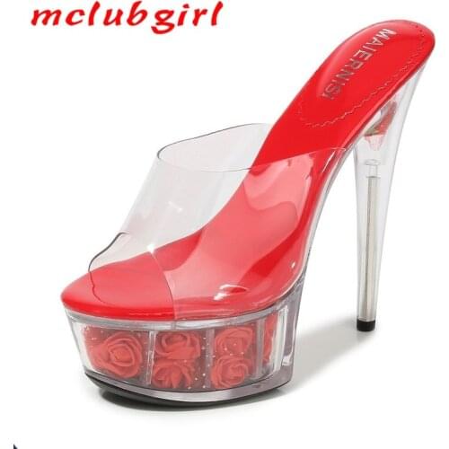 Mclubgirl Summer Flower Waterproof Platform Womens High-Healed Sandals Paint Finish Thin Heeled No Strap Womens Sandals WZ