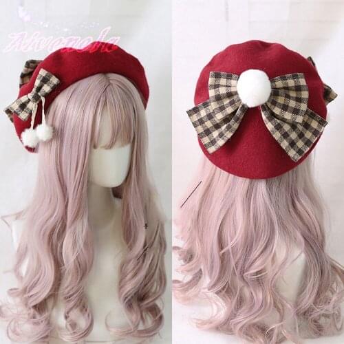 Harajuku Lolita Sweet Cute Hat Female Vintage Woolen Loli Plaided Bow Berets Boina Feminina Береты AFC1158