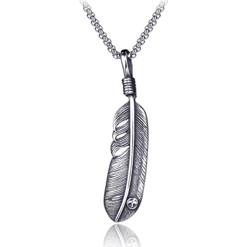 Fashion Antique Silver Color Feather Stainless Steel Necklace for Men Women Retro Titanium Steel Pendant Jewelry Gift LN3021