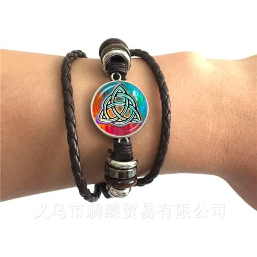 Fashion Leather Bracelet Glass Cabochon Germanic Paganism Celtics Men Women Jewelry Multi Layer Braided Leather Bangle Gifts