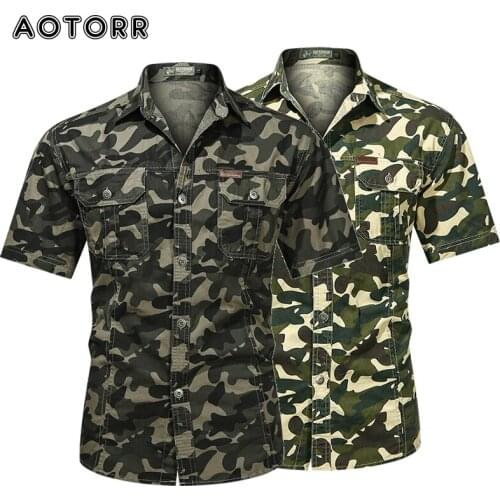 Outdoor Mens Camouflage Shirts Tactical Combat Short-sleeve Tops Man Hiking Hunting Clothing Army Green Cotton Work Shirts 5XL
