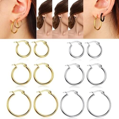 3 pairs/6 pairs Stainless Steel Round Small Ring Earrings Set Non-Allergic Earrings Unisex Black Steel Color Gold