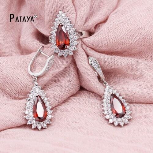 PATAYA New Water Drop Jewelry Sets True White Gold Fine Light Blue Zirconia Crystal Big Earrings Ring Set Vintage Bride Jewelry