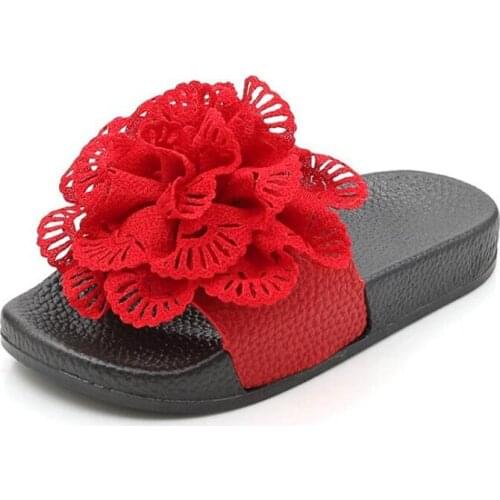 Weoneit New Girls Solid Flower Anti-slip Slippers Kids Household & Outside Summer Footwear with Soft Sole Green Pink Red Colors