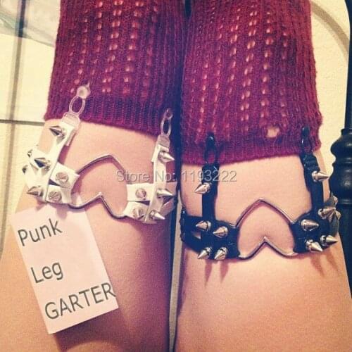 Sexy Handmade Punk Bullet Big Large Heart Garter Belt Leg Suspenders Leather Sock Thigh High Garter Ring Loop